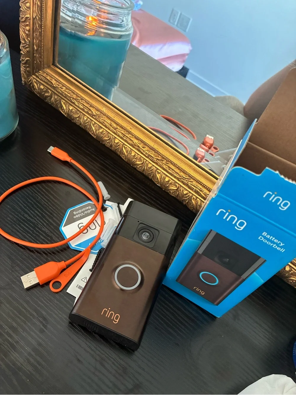 Ring Video Venetian Bronze Doorbell in Black with Orange USB Cable